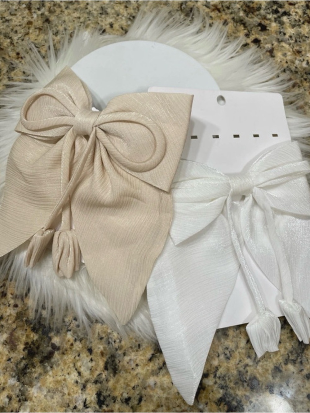 Large Bow Hair Clips in Beige and White Tulip Barrettes